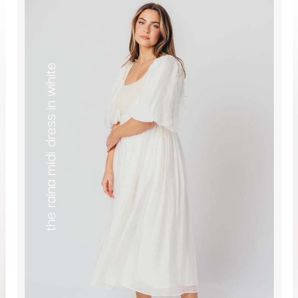 Worth Collective Raina Combination Midi Dress with Puff Sleeves in Natural